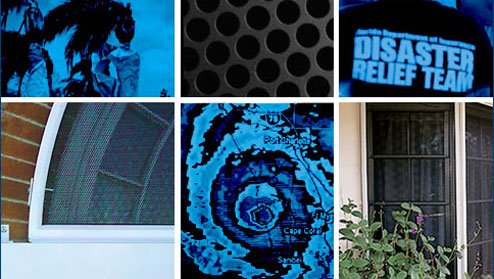Storm Shield see-thru perforated metal hurricane barriers on windows, hurricane satellite imagery and disaster relief photos